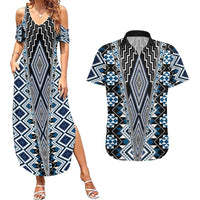 Blue Aotearoa Tukutuku and Poutama Motif Couples Matching Summer Maxi Dress and Hawaiian Shirt