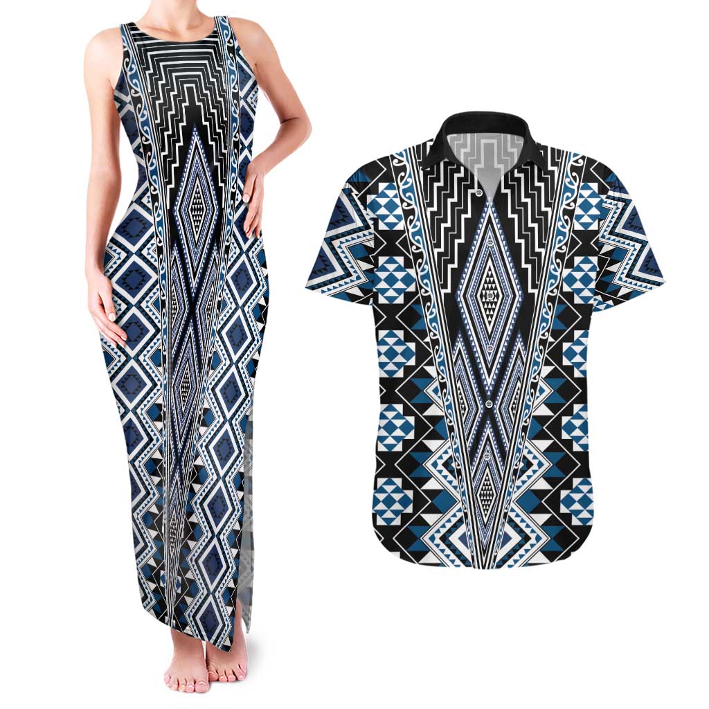Blue Aotearoa Tukutuku and Poutama Motif Couples Matching Tank Maxi Dress and Hawaiian Shirt