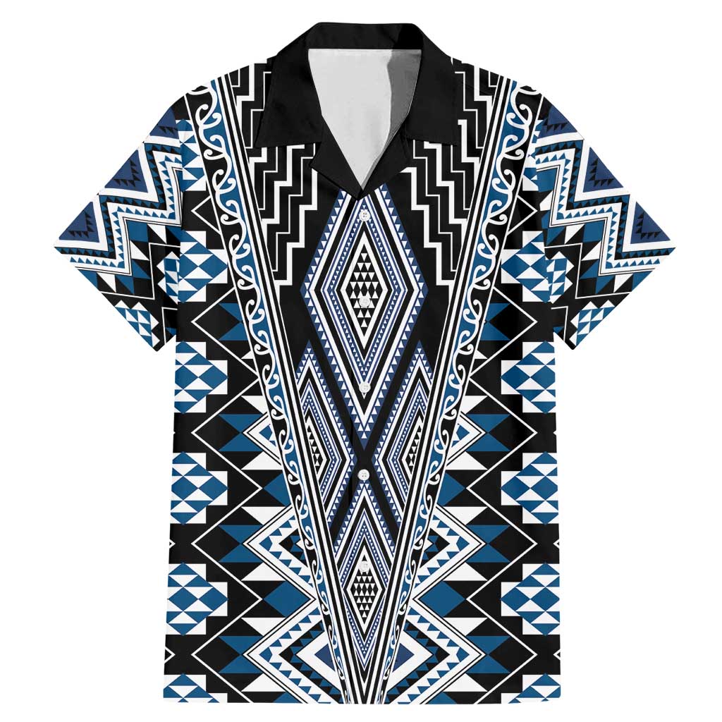 Blue Aotearoa Tukutuku and Poutama Motif Family Matching Mermaid Dress and Hawaiian Shirt