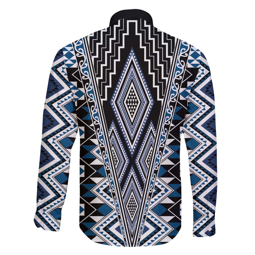 Blue Aotearoa Tukutuku and Poutama Motif Family Matching Off Shoulder Maxi Dress and Hawaiian Shirt