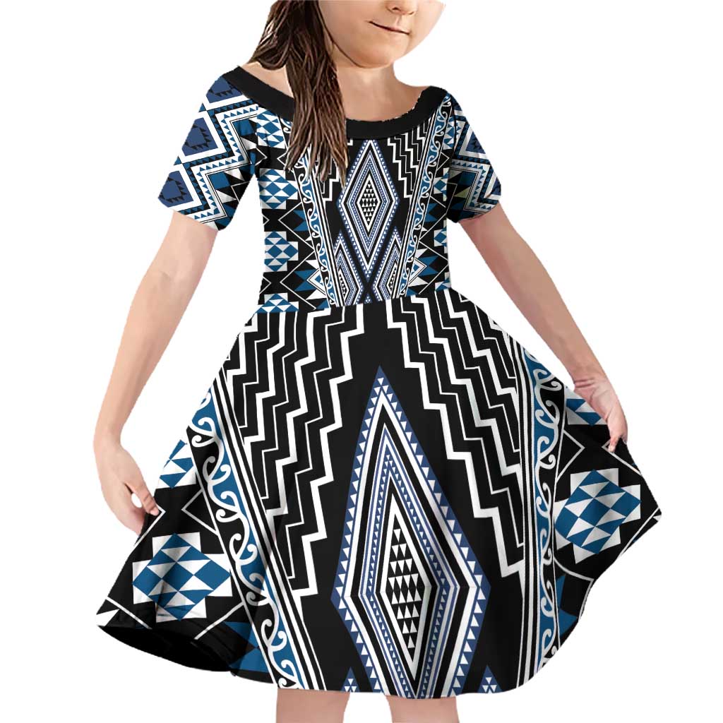Blue Aotearoa Tukutuku and Poutama Motif Family Matching Off Shoulder Short Dress and Hawaiian Shirt