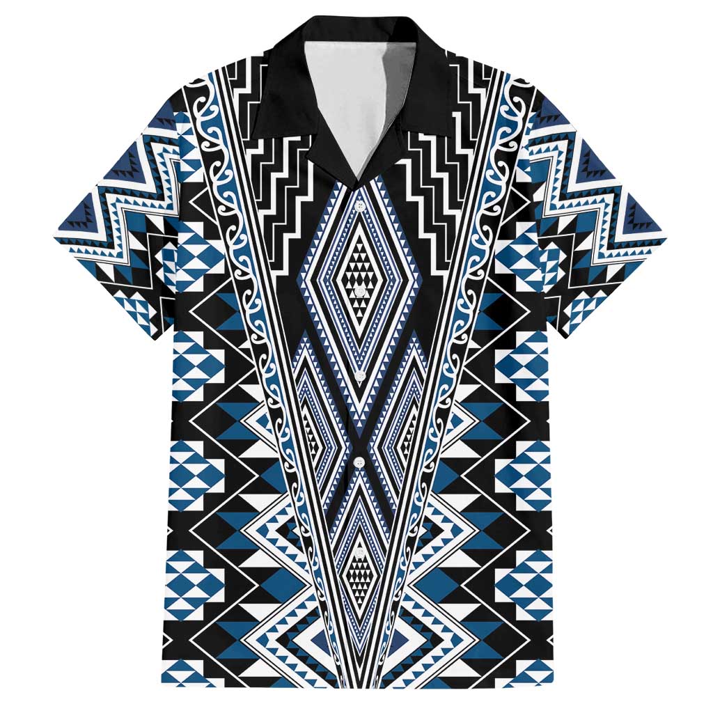 Blue Aotearoa Tukutuku and Poutama Motif Family Matching Off Shoulder Short Dress and Hawaiian Shirt