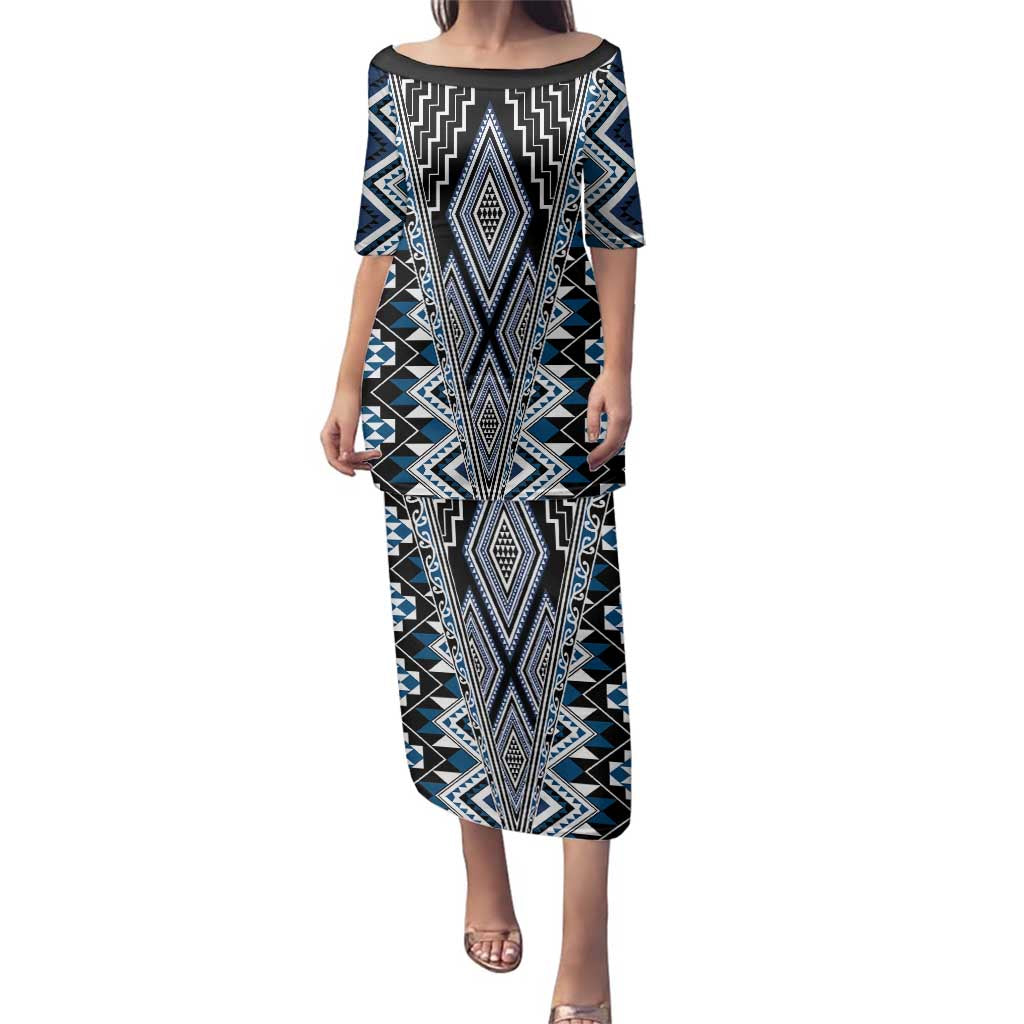 Blue Aotearoa Tukutuku and Poutama Motif Family Matching Puletasi and Hawaiian Shirt