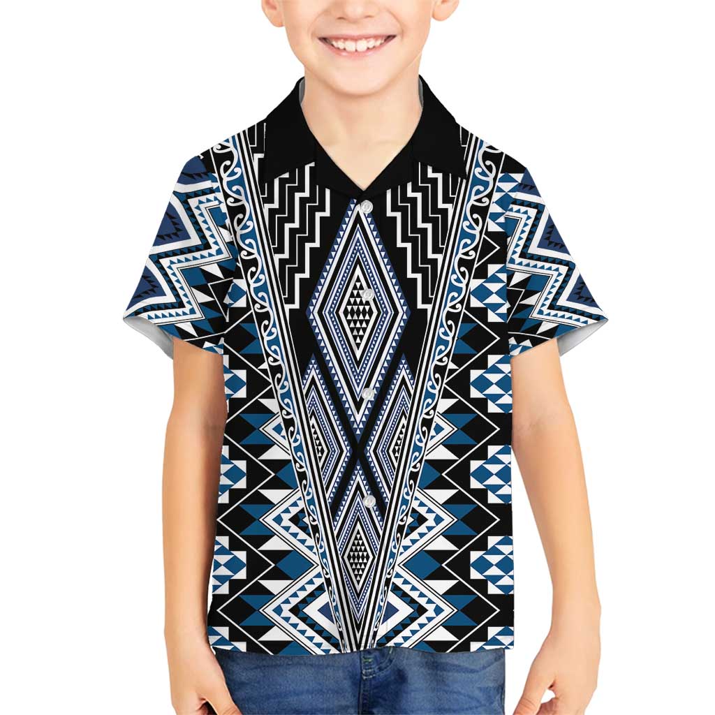 Blue Aotearoa Tukutuku and Poutama Motif Family Matching Puletasi and Hawaiian Shirt
