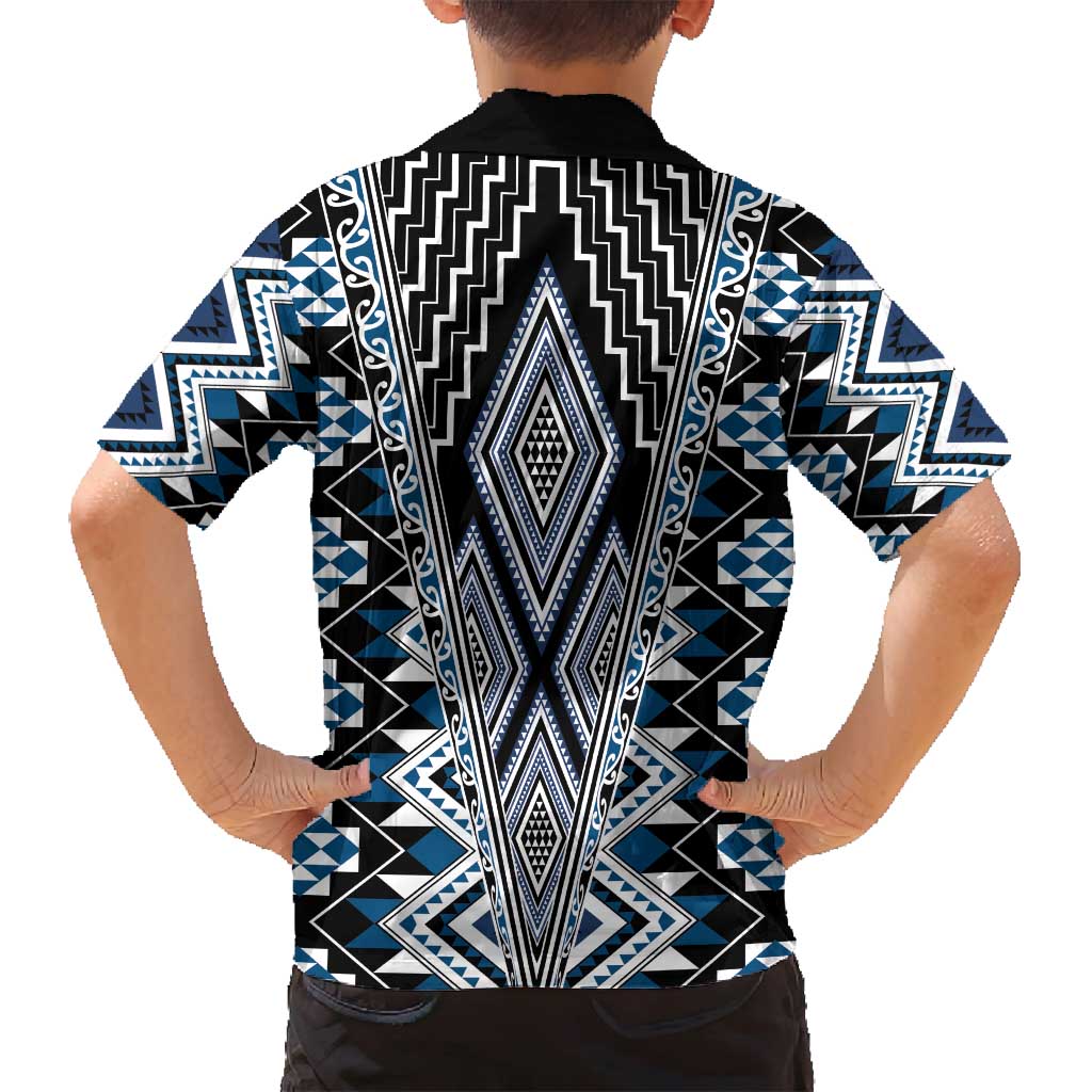 Blue Aotearoa Tukutuku and Poutama Motif Family Matching Tank Maxi Dress and Hawaiian Shirt