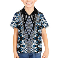 Blue Aotearoa Tukutuku and Poutama Motif Family Matching Tank Maxi Dress and Hawaiian Shirt