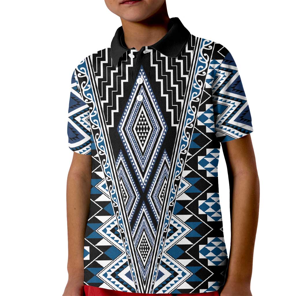 Blue Aotearoa Tukutuku and Poutama Motif Kid Polo Shirt LT03 Kid Blue - Polynesian Pride