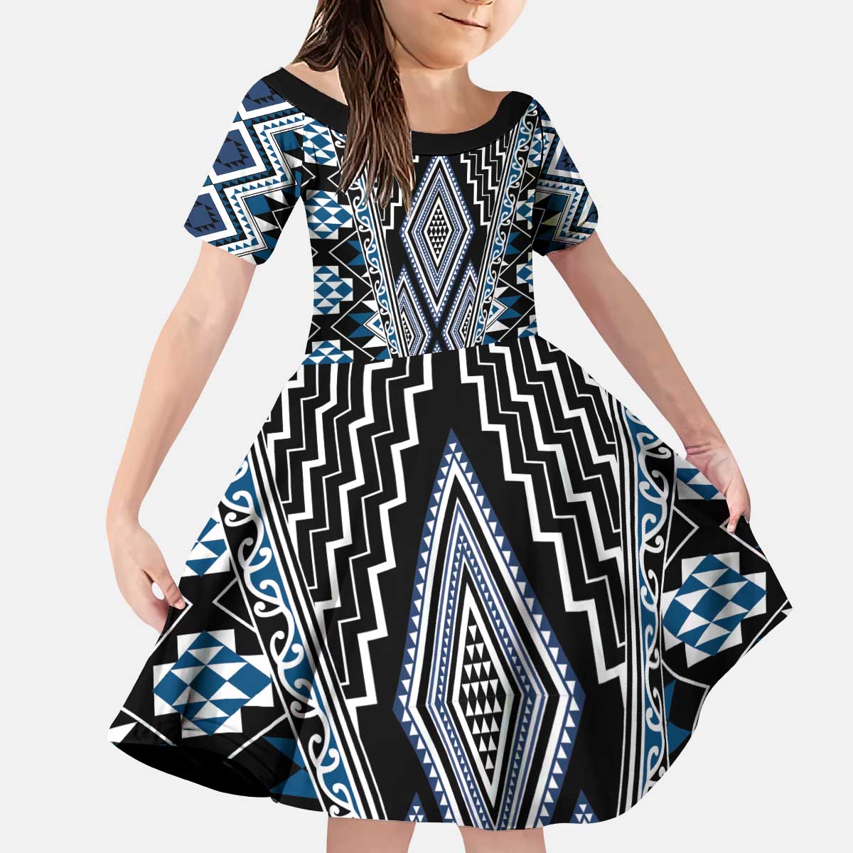 Blue Aotearoa Tukutuku and Poutama Motif Kid Short Sleeve Dress