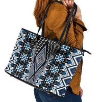 Blue Aotearoa Tukutuku and Poutama Motif Leather Tote Bag