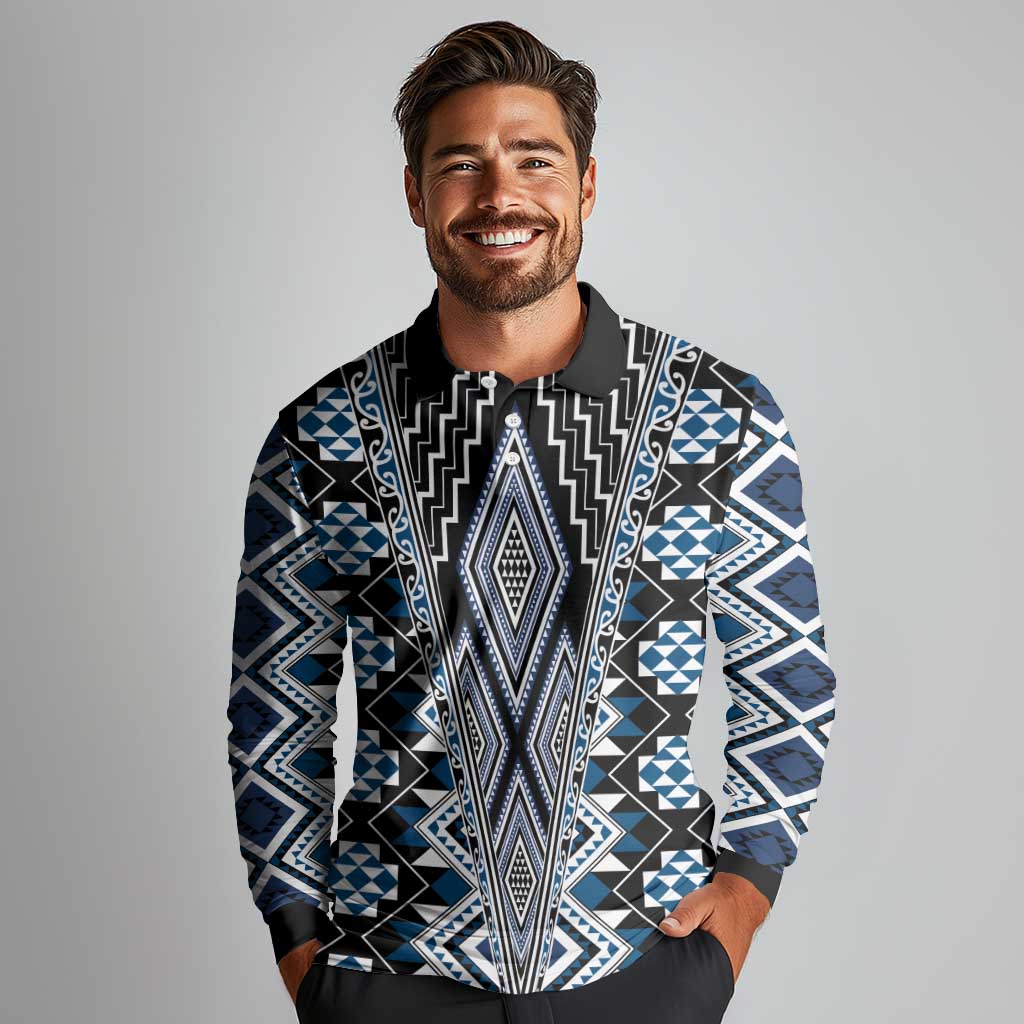 Blue Aotearoa Tukutuku and Poutama Motif Long Sleeve Polo Shirt