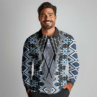 Blue Aotearoa Tukutuku and Poutama Motif Long Sleeve Polo Shirt