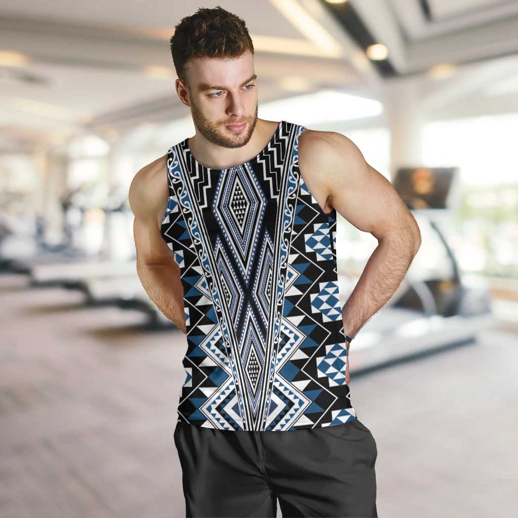 Blue Aotearoa Tukutuku and Poutama Motif Men Tank Top