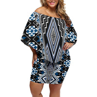 Blue Aotearoa Tukutuku and Poutama Motif Off Shoulder Short Dress