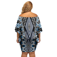 Blue Aotearoa Tukutuku and Poutama Motif Off Shoulder Short Dress