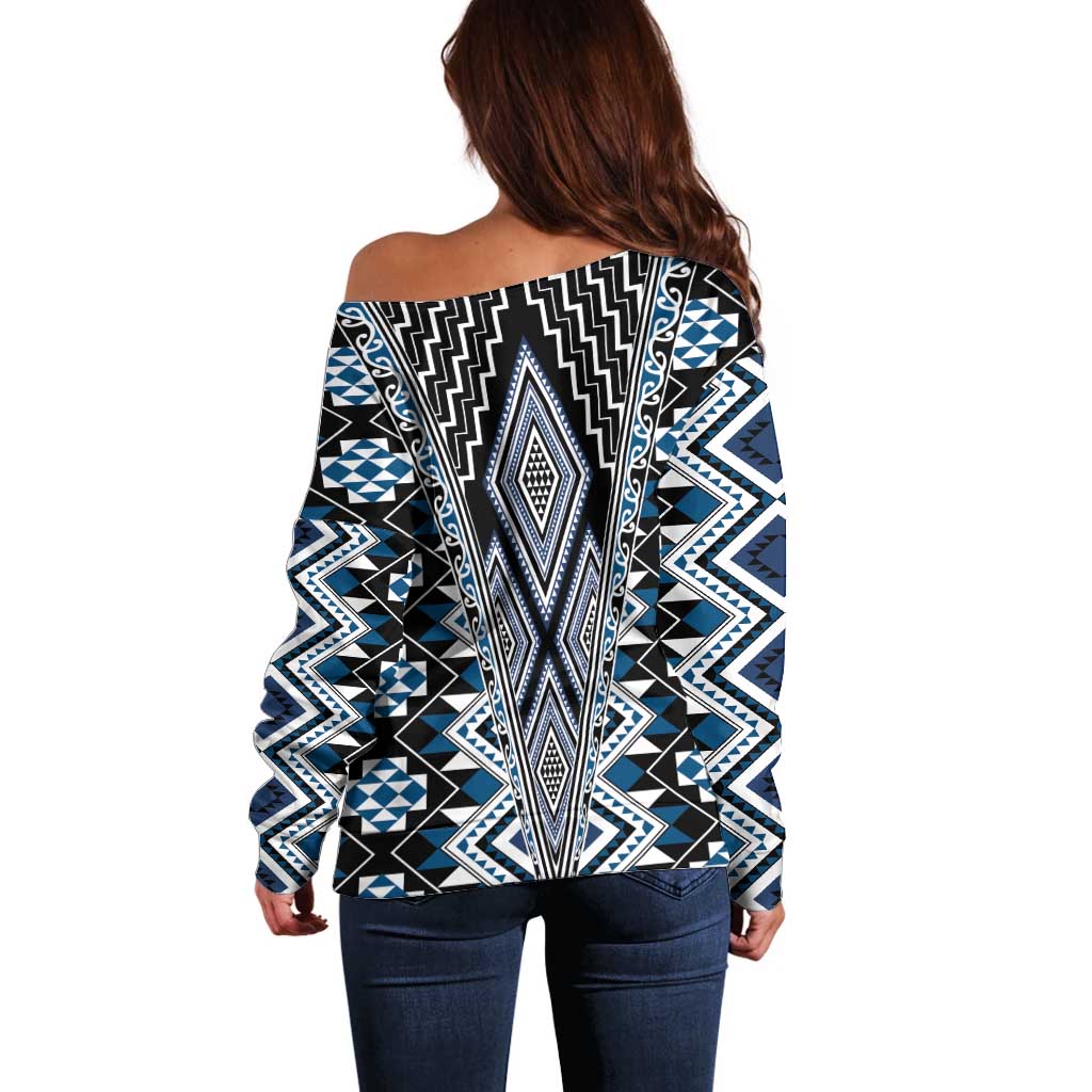 Blue Aotearoa Tukutuku and Poutama Motif Off Shoulder Sweater