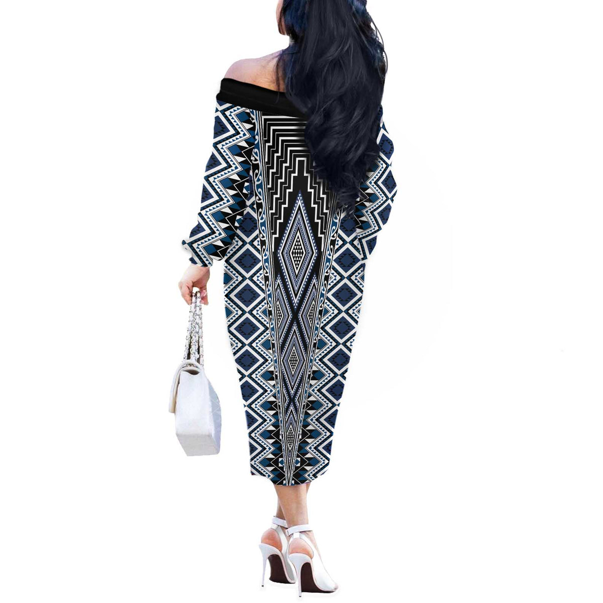 Blue Aotearoa Tukutuku and Poutama Motif Off The Shoulder Long Sleeve Dress