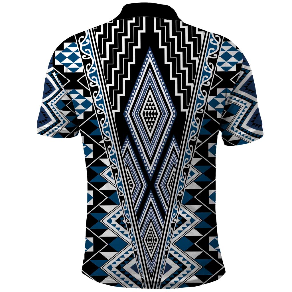 Blue Aotearoa Tukutuku and Poutama Motif Polo Shirt