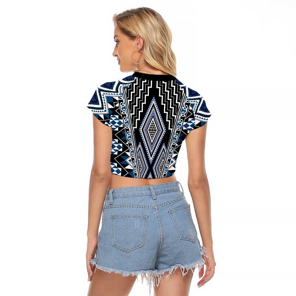 Blue Aotearoa Tukutuku and Poutama Motif Raglan Cropped T Shirt