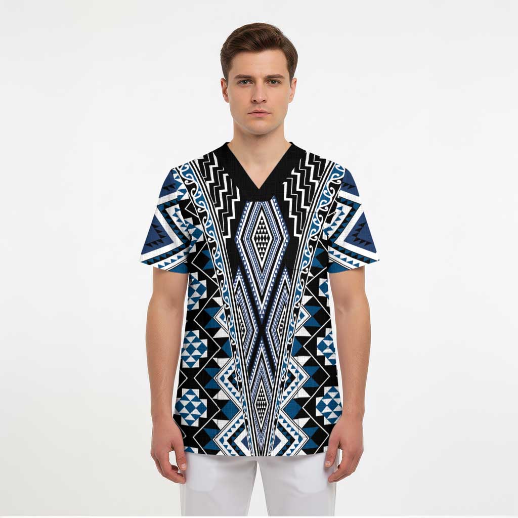 Blue Aotearoa Tukutuku and Poutama Motif Scrub Top - Polynesian Pride