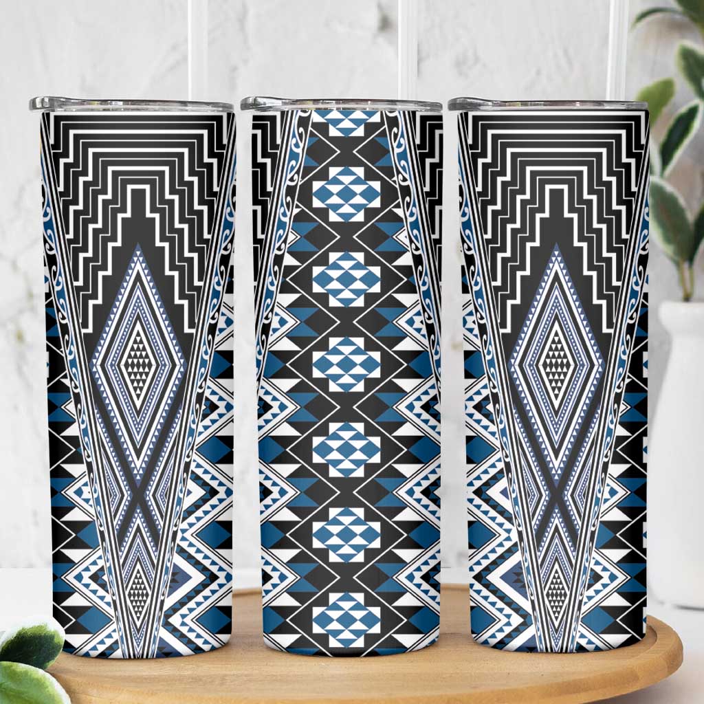 Blue Aotearoa Tukutuku and Poutama Motif Skinny Tumbler
