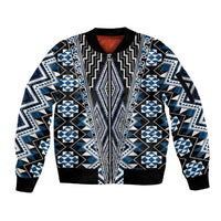 Blue Aotearoa Tukutuku and Poutama Motif Sleeve Zip Bomber Jacket