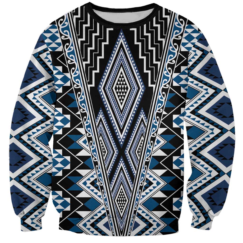 Blue Aotearoa Tukutuku and Poutama Motif Sweatshirt