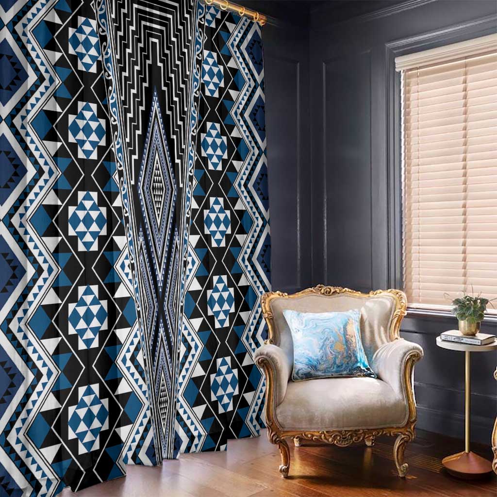 Blue Aotearoa Tukutuku and Poutama Motif Window Curtain