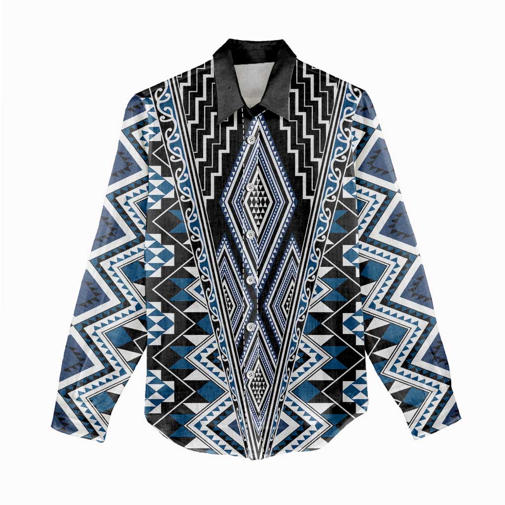 Blue Aotearoa Tukutuku and Poutama Motif Women Casual Shirt