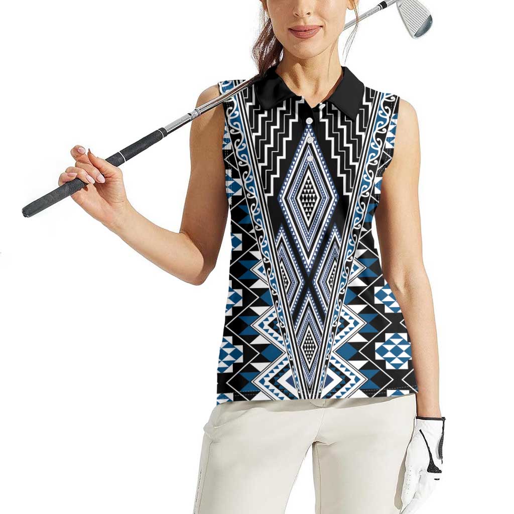 Blue Aotearoa Tukutuku and Poutama Motif Women Sleeveless Polo Shirt