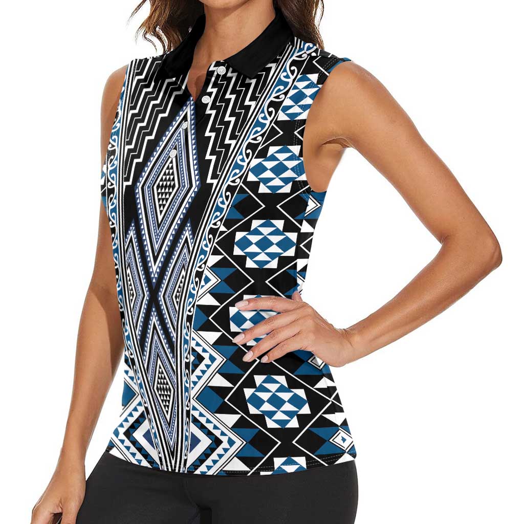 Blue Aotearoa Tukutuku and Poutama Motif Women Sleeveless Polo Shirt