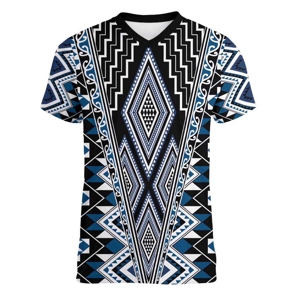 Blue Aotearoa Tukutuku and Poutama Motif Women V-Neck T-Shirt