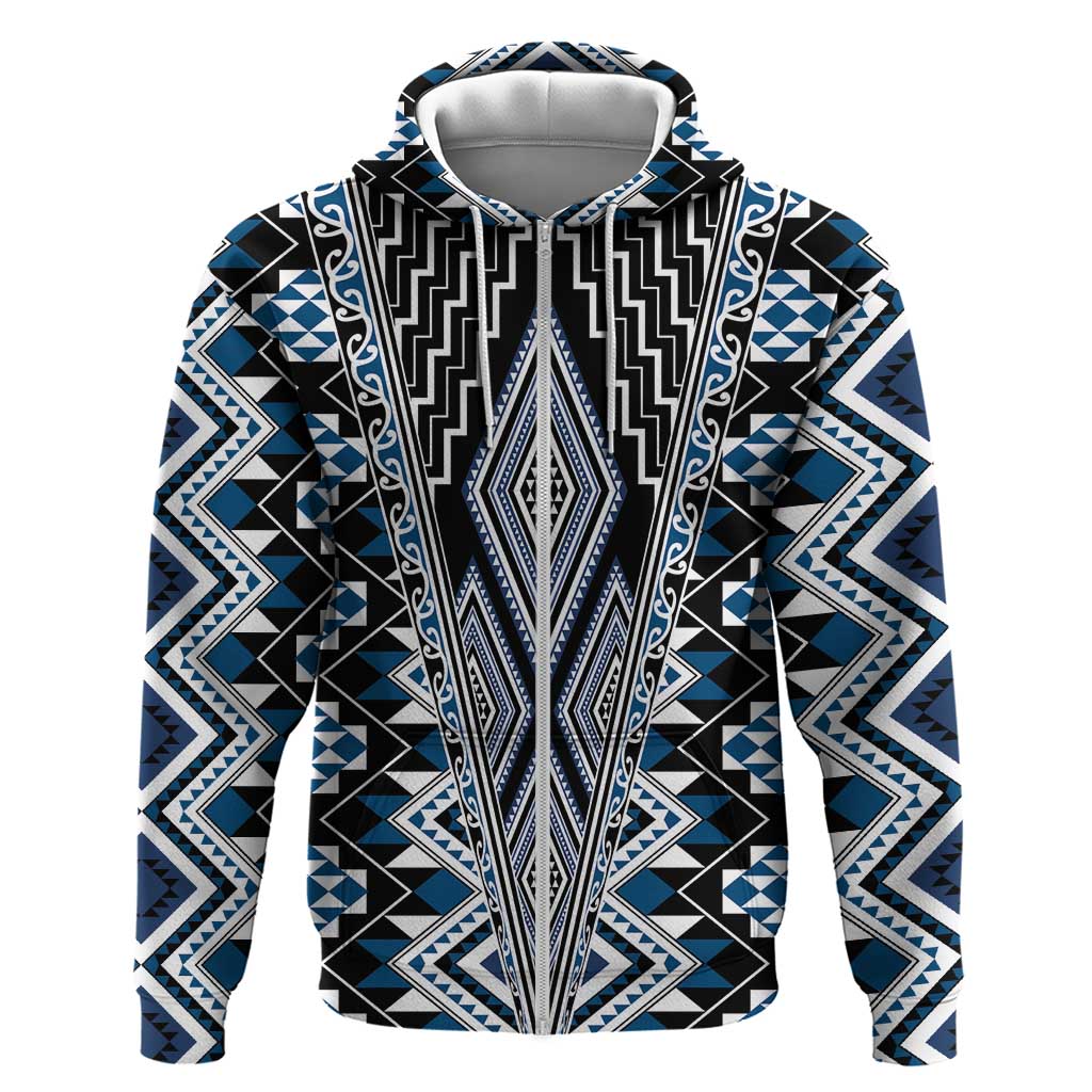 Blue Aotearoa Tukutuku and Poutama Motif Zip Hoodie LT03 Zip Hoodie Blue - Polynesian Pride