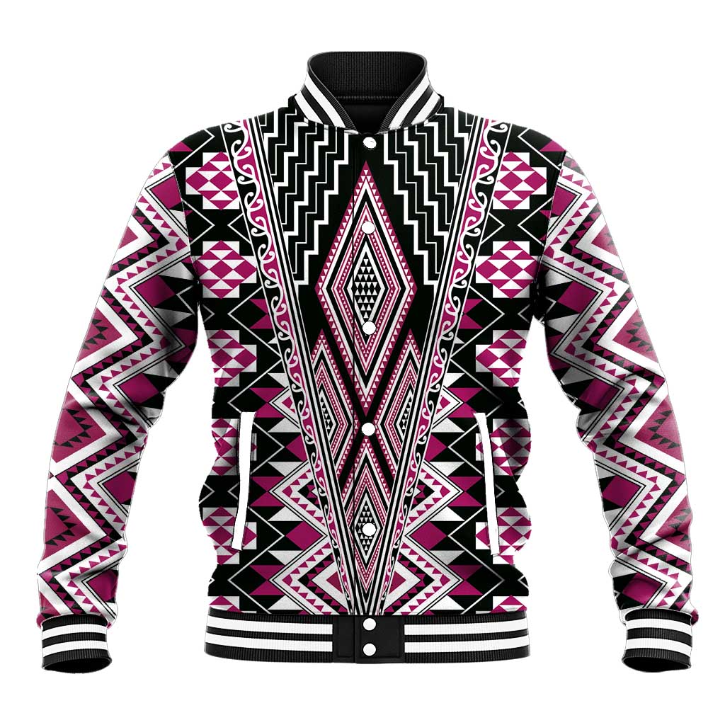 Pink Aotearoa Tukutuku and Poutama Motif Baseball Jacket