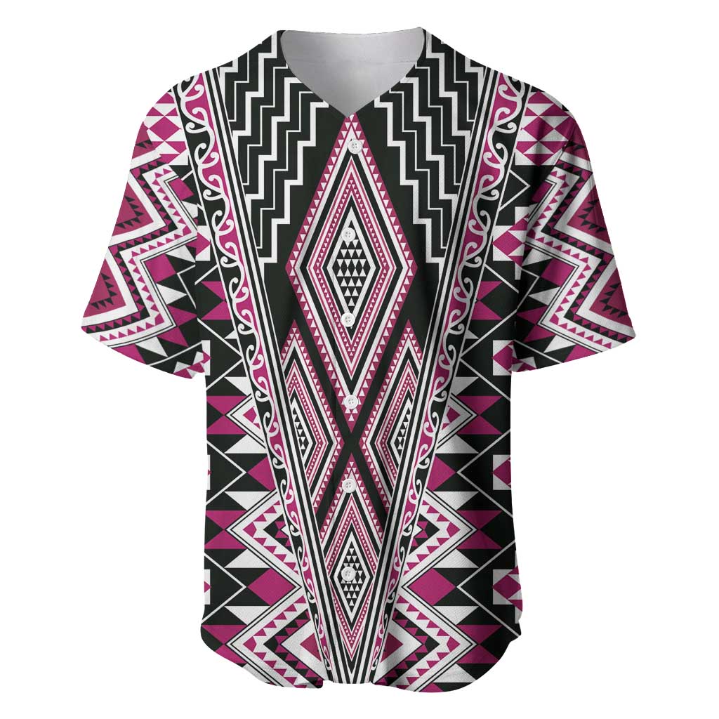 Pink Aotearoa Tukutuku and Poutama Motif Baseball Jersey