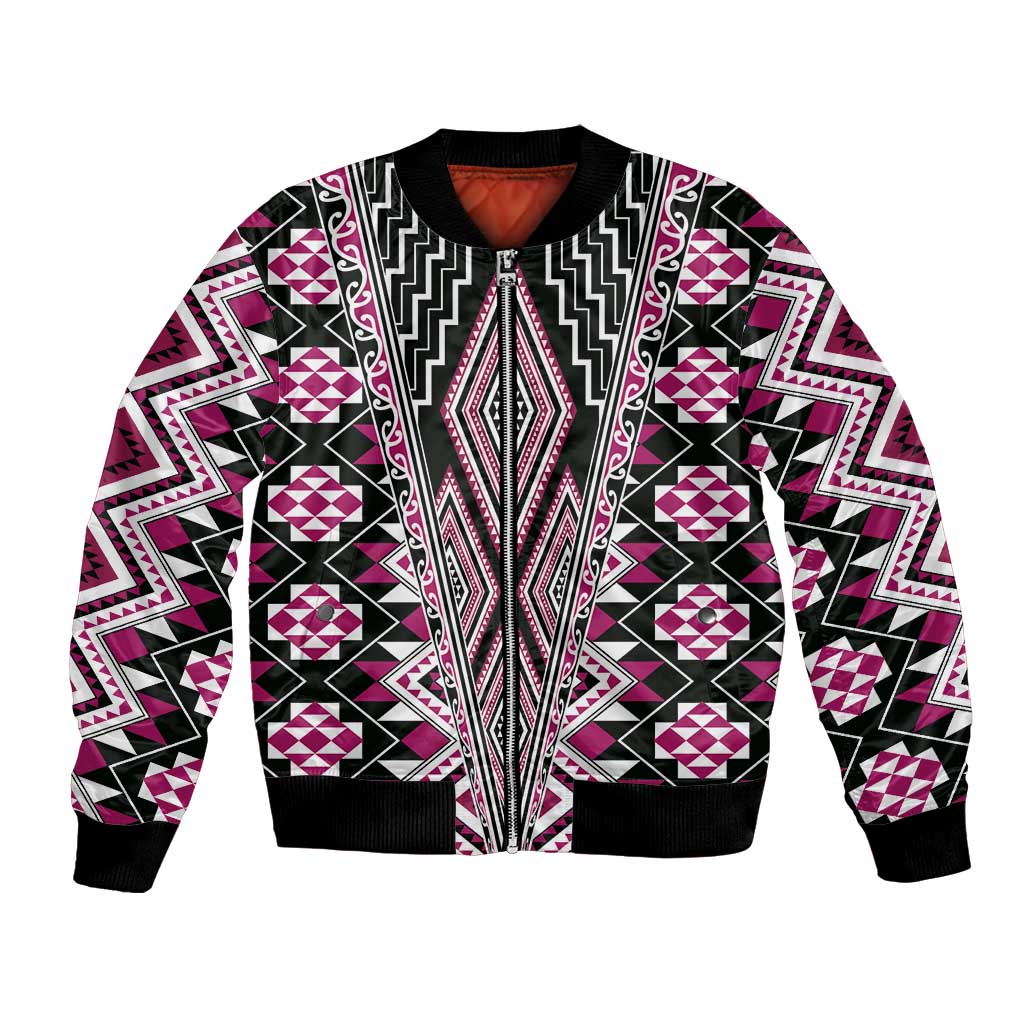 Pink Aotearoa Tukutuku and Poutama Motif Bomber Jacket