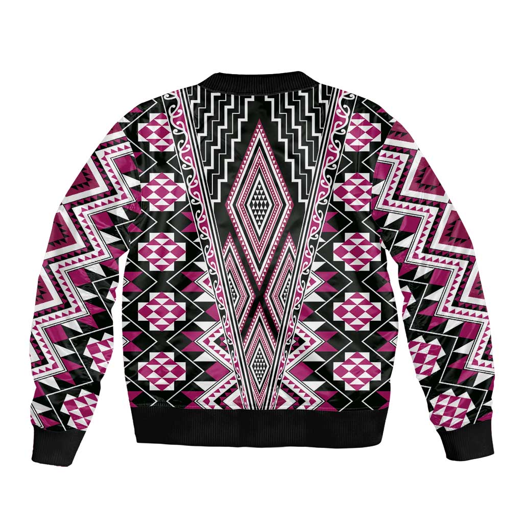 Pink Aotearoa Tukutuku and Poutama Motif Bomber Jacket