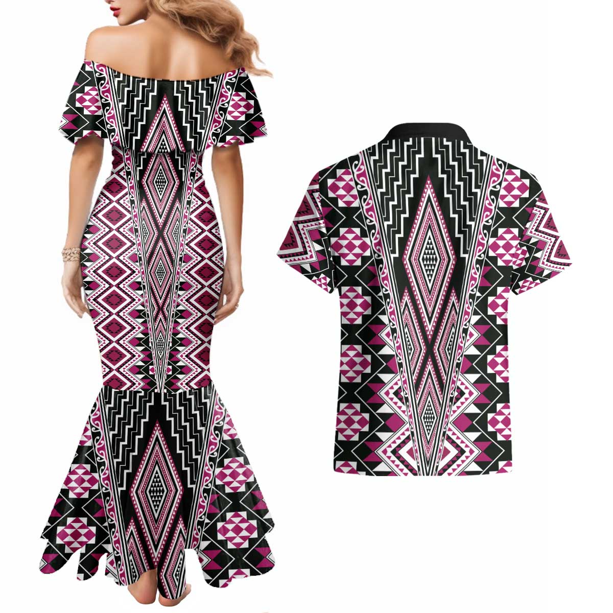 Pink Aotearoa Tukutuku and Poutama Motif Couples Matching Mermaid Dress and Hawaiian Shirt