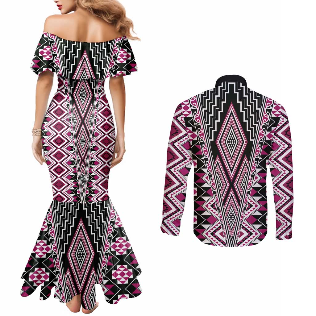 Pink Aotearoa Tukutuku and Poutama Motif Couples Matching Mermaid Dress and Long Sleeve Button Shirt