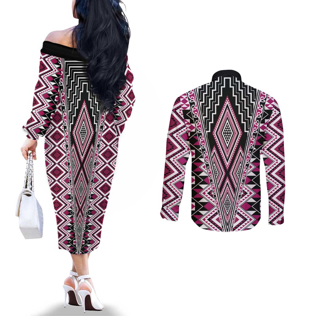 Pink Aotearoa Tukutuku and Poutama Motif Couples Matching Off The Shoulder Long Sleeve Dress and Long Sleeve Button Shirt