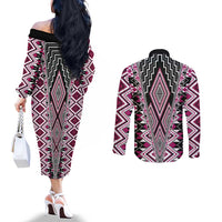 Pink Aotearoa Tukutuku and Poutama Motif Couples Matching Off The Shoulder Long Sleeve Dress and Long Sleeve Button Shirt