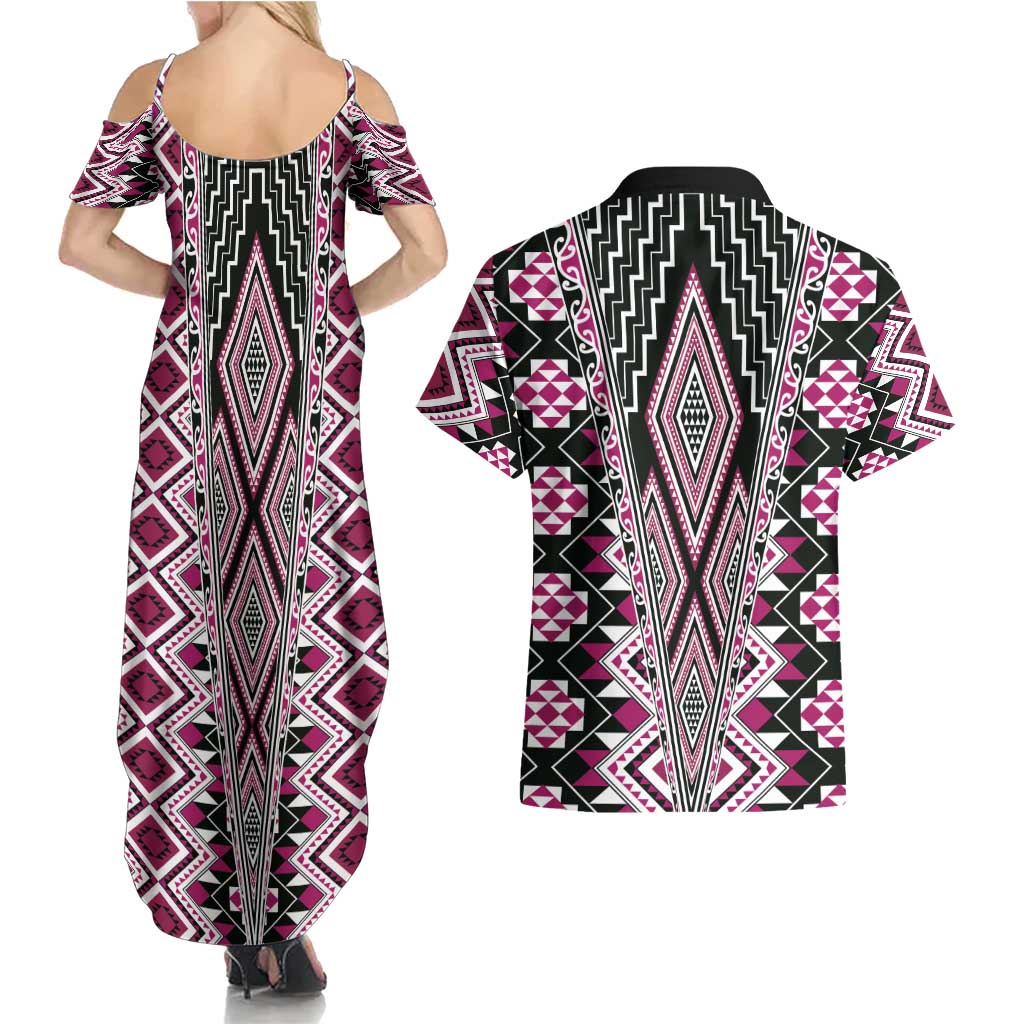 Pink Aotearoa Tukutuku and Poutama Motif Couples Matching Summer Maxi Dress and Hawaiian Shirt