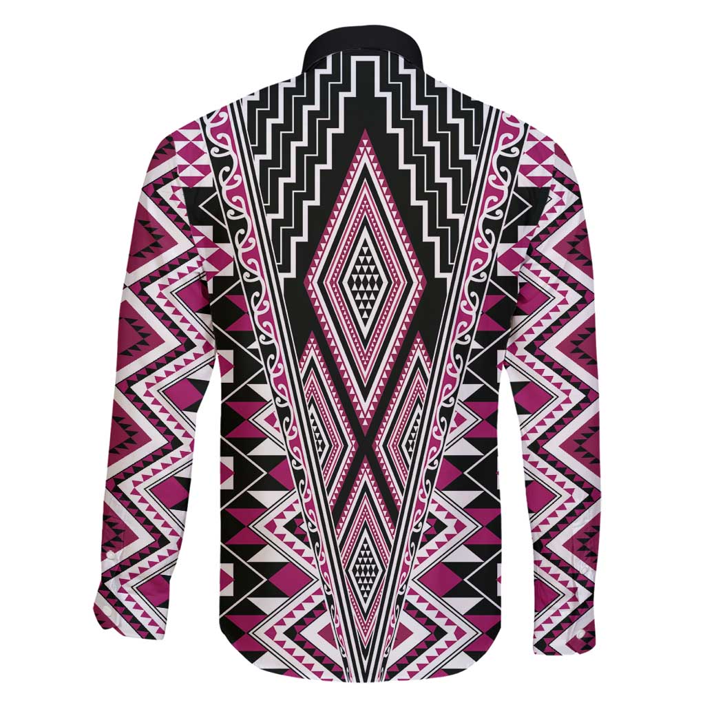 Pink Aotearoa Tukutuku and Poutama Motif Family Matching Long Sleeve Bodycon Dress and Hawaiian Shirt