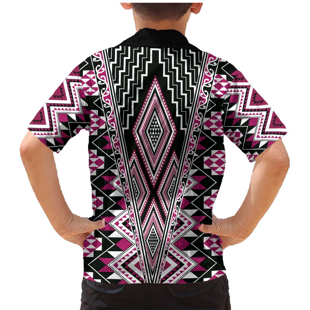 Pink Aotearoa Tukutuku and Poutama Motif Family Matching Mermaid Dress and Hawaiian Shirt