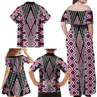 Pink Aotearoa Tukutuku and Poutama Motif Family Matching Off Shoulder Maxi Dress and Hawaiian Shirt