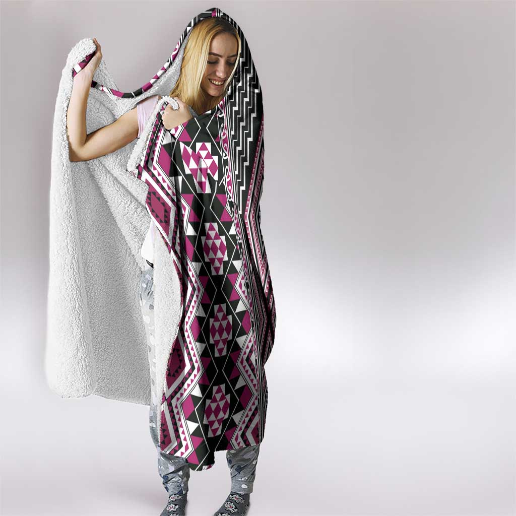 Pink Aotearoa Tukutuku and Poutama Motif Hooded Blanket