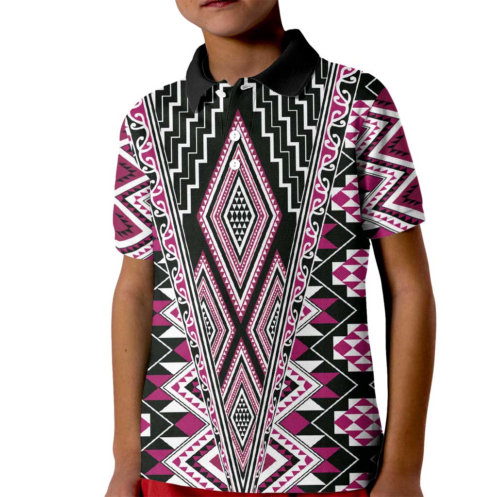Pink Aotearoa Tukutuku and Poutama Motif Kid Polo Shirt LT03 Kid Pink - Polynesian Pride