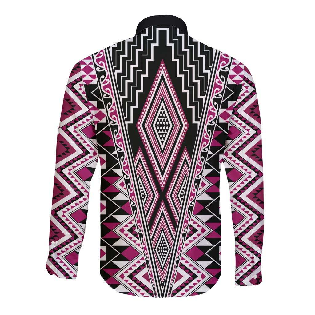 Pink Aotearoa Tukutuku and Poutama Motif Long Sleeve Button Shirt
