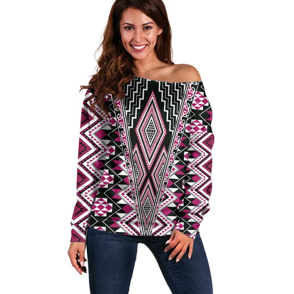 Pink Aotearoa Tukutuku and Poutama Motif Off Shoulder Sweater LT03 Women Pink - Polynesian Pride