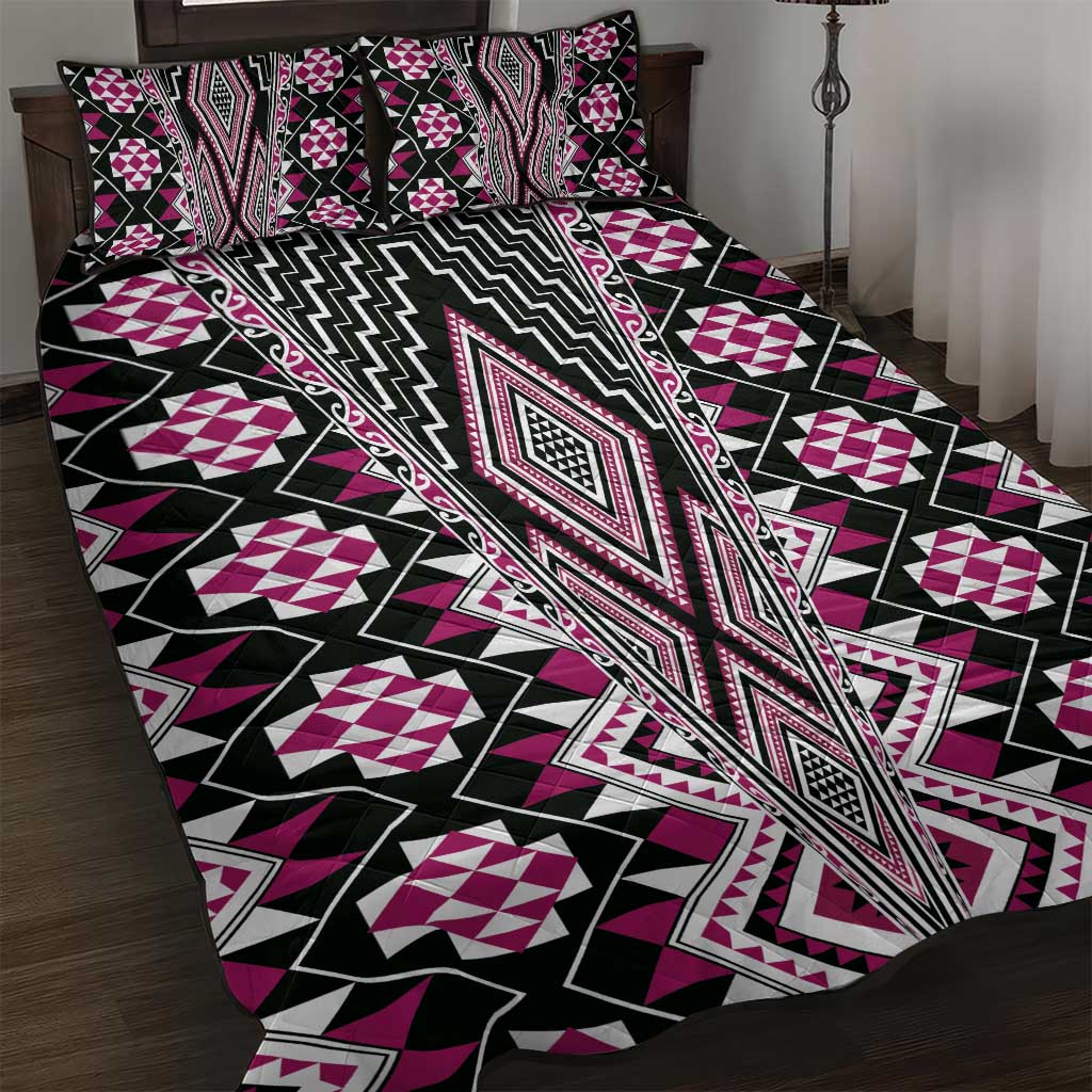 Pink Aotearoa Tukutuku and Poutama Motif Quilt Bed Set LT03 Pink - Polynesian Pride