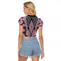 Pink Aotearoa Tukutuku and Poutama Motif Raglan Cropped T Shirt